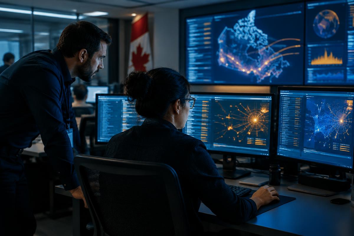 Cybersecurity analysts monitoring blue data screens