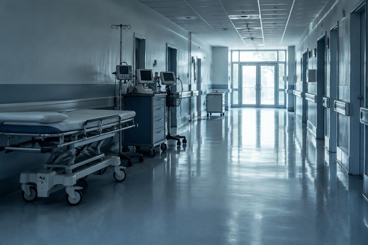 An empty hospital corridor with equipment along the wall