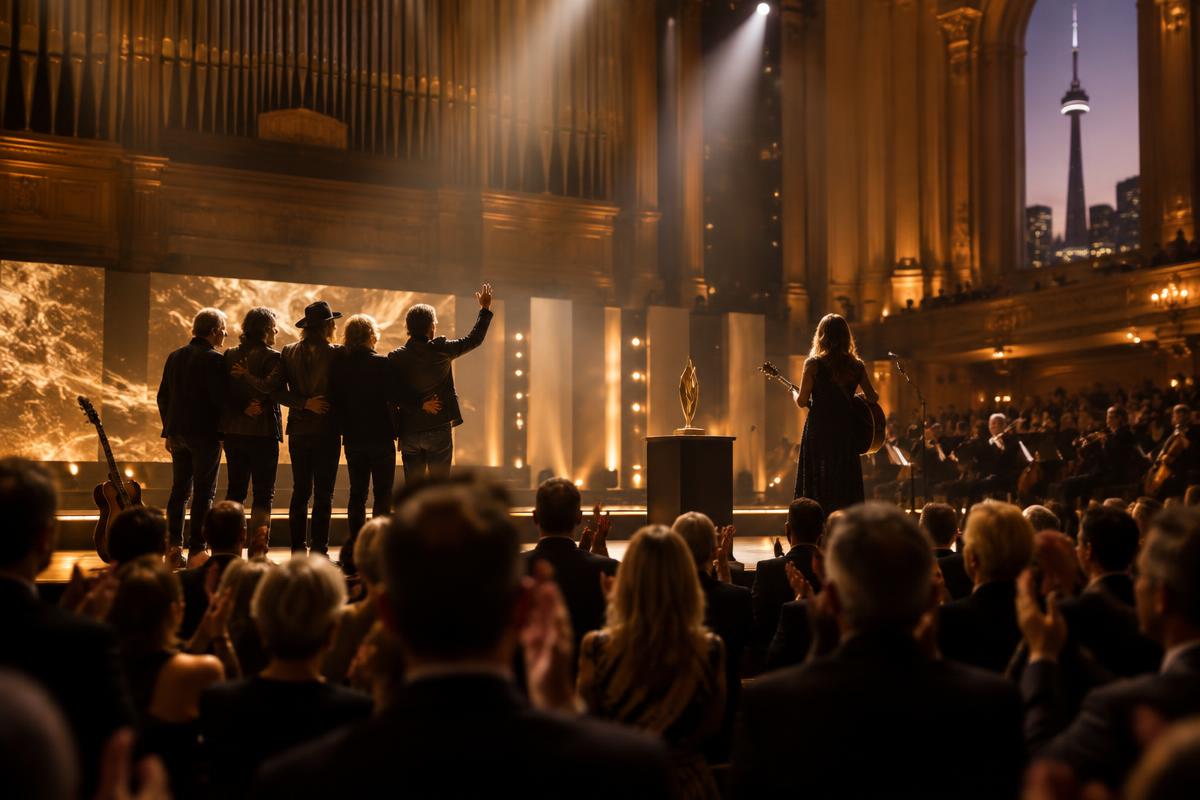 Canadian musicians performing on a dramatic stage
