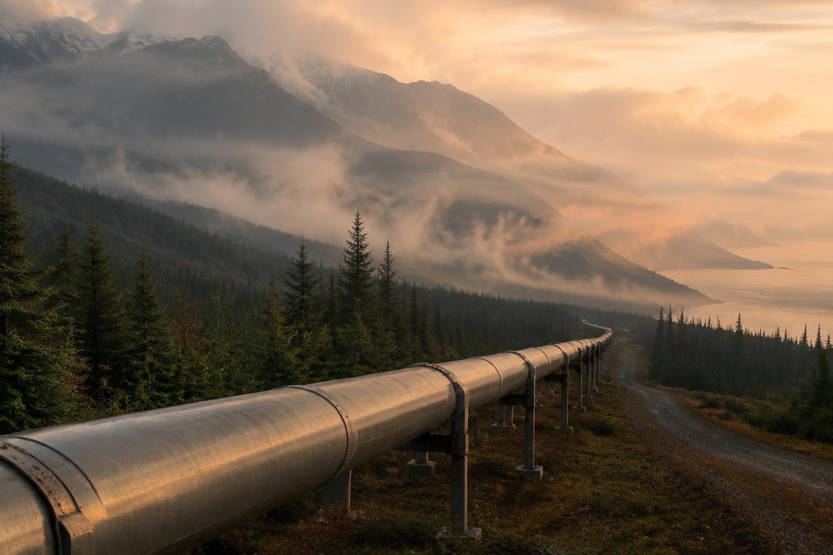 A pipeline corridor through coastal mountains at dawn